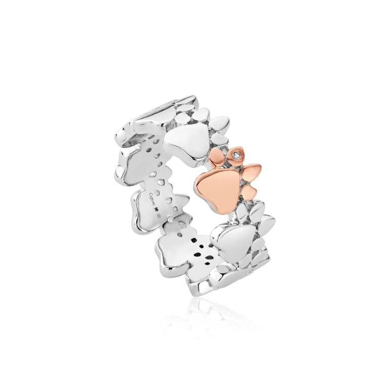 Clogau Paw Prints On My Heart Sterling Silver White Topaz Band Ring - T