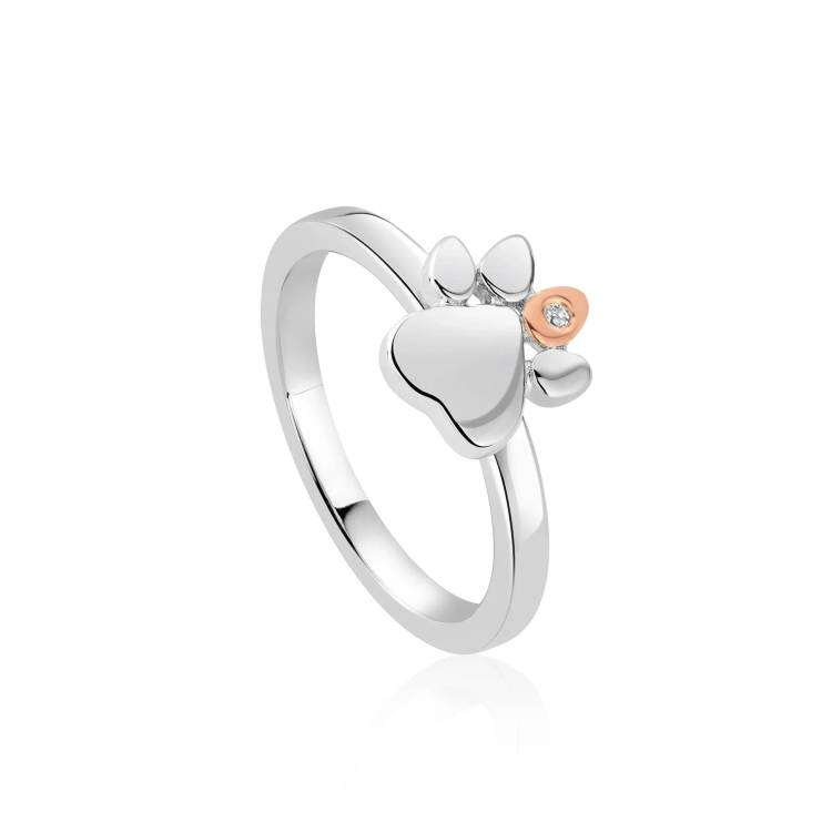 Clogau Paw Prints On My Heart Sterling Silver White Topaz Ring - N