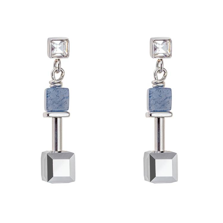 Coeur De Lion GeoCUBE Precious Silver Blue Drop Earrings - Silver