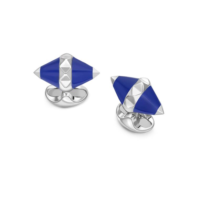 Deakin & Francis Cufflinks Sterling Silver Blue Enamel Pyramid Detail - Silver