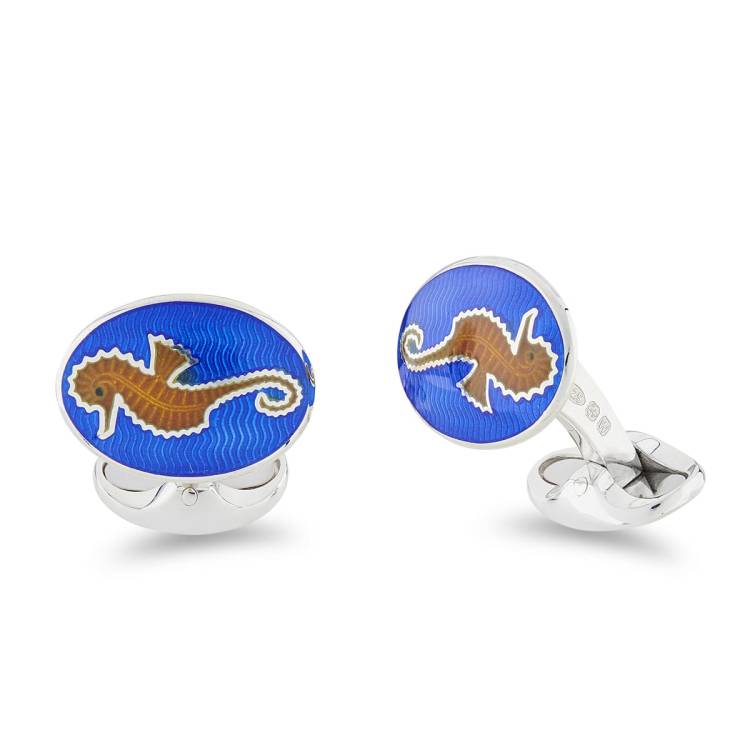Deakin & Francis Cufflinks Sterling Silver Blue And Orange Enamel Seahorse - Silver