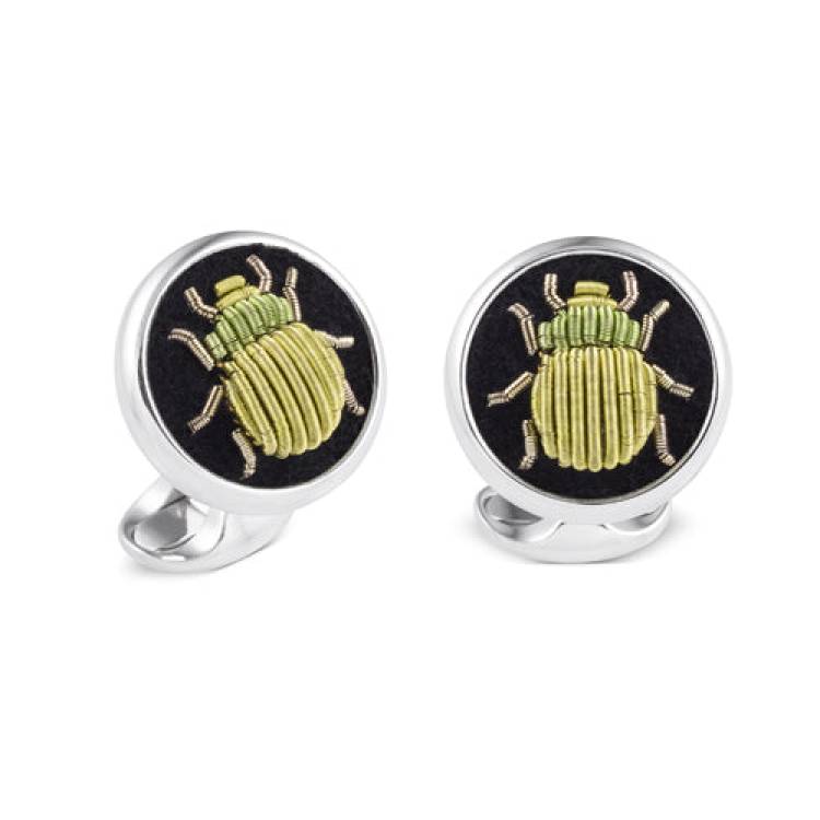 Deakin & Francis Cufflinks Sterling Silver Embroidered Green Bug - Silver