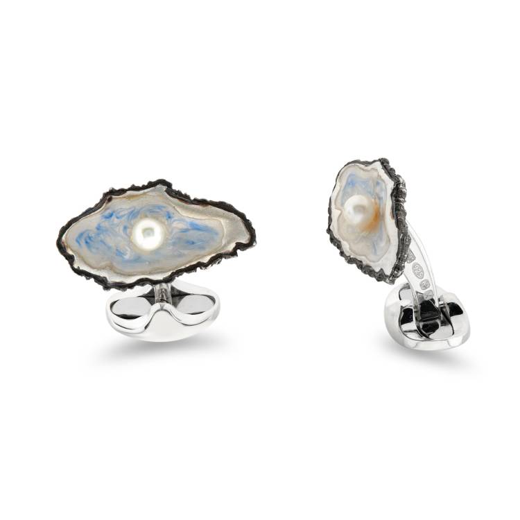 Deakin & Francis Cufflinks Sterling Silver Oxidised Oyster And Pearl - Silver
