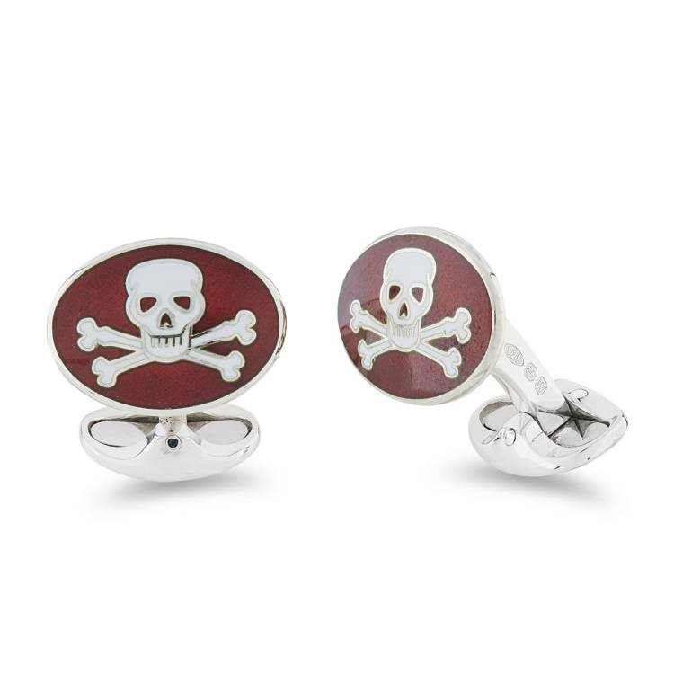 Deakin & Francis Cufflinks Sterling Silver Red Enamel Skull And Cross Bones - Silver