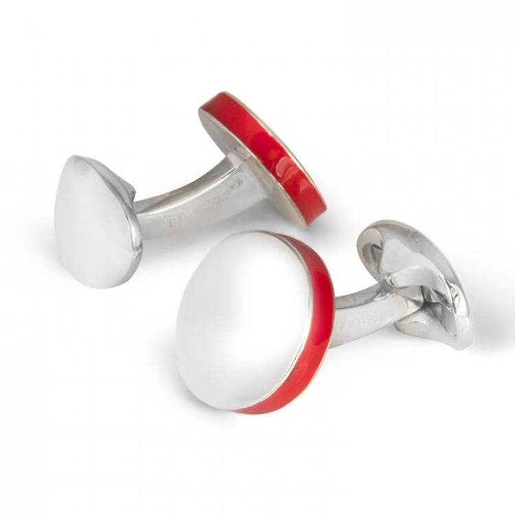 Deakin & Francis Cufflinks Sterling Silver Round Deep Red Edge - Silver