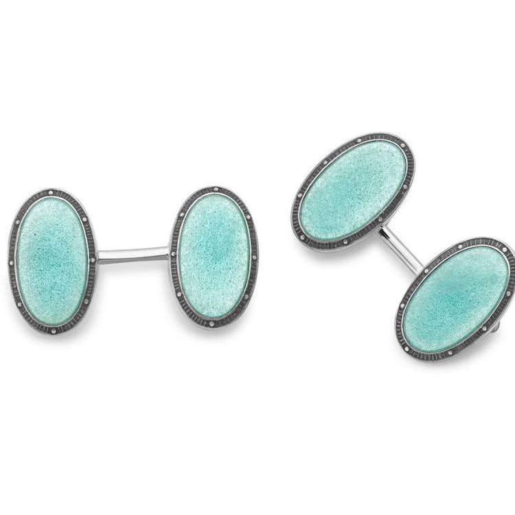 Deakin & Francis Cufflinks Sterling Silver Blue Oval Vitreous Enamel Vintage - Silver