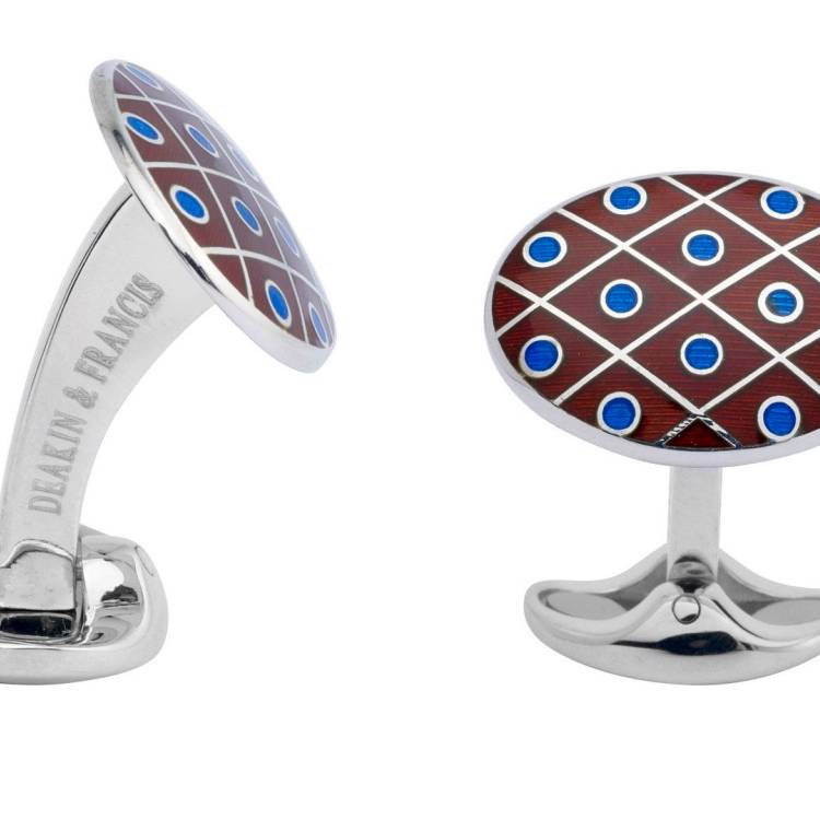 Deakin & Francis Cufflinks Sterling Silver Maroon Red with Royal Blue Spot - Silver