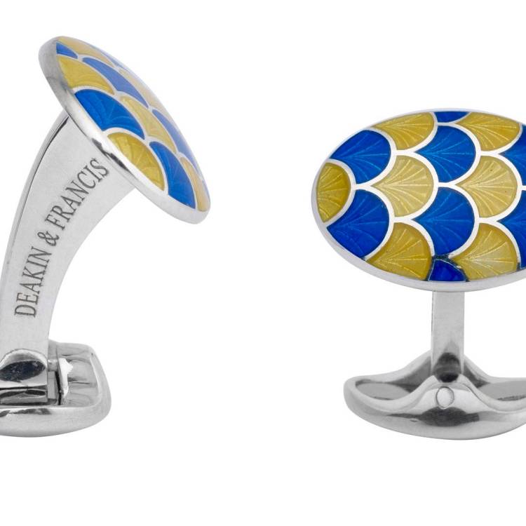 Deakin & Francis Cufflinks Sterling Silver Bright Yellow Royal Blue Enamel - Silver