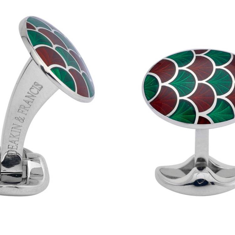 Deakin & Francis Cufflinks Sterling Silver Bright Green Maroon Red Enamel - Silver