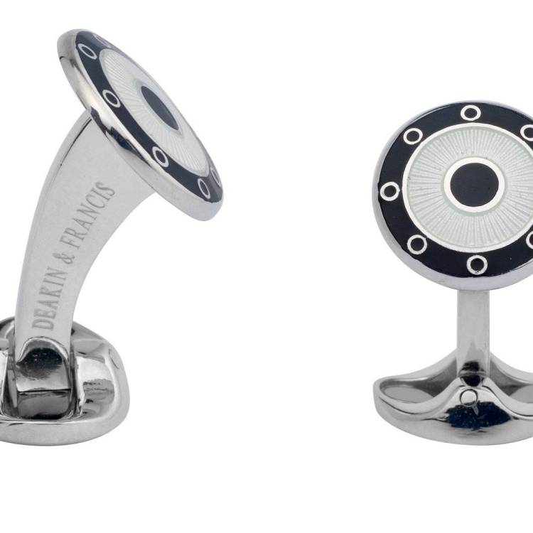 Deakin & Francis Cufflinks Sterling Silver Round Black Clear Enamel - Silver