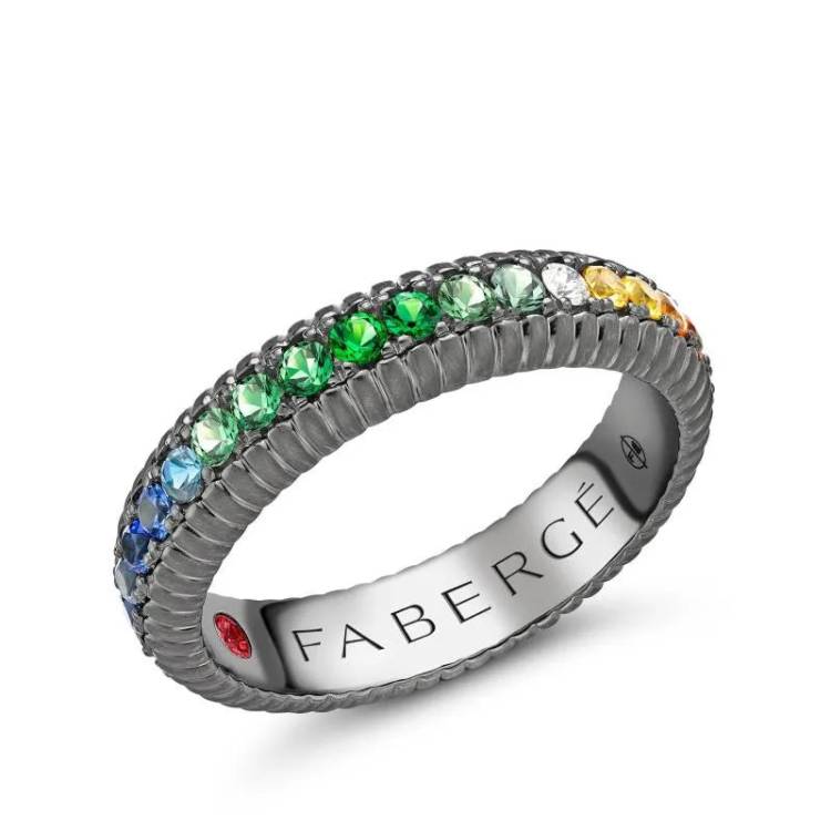 Faberge 18ct White Gold Black Rhodium Plated Multicoloured 5mm Fluted Band Ring - 58