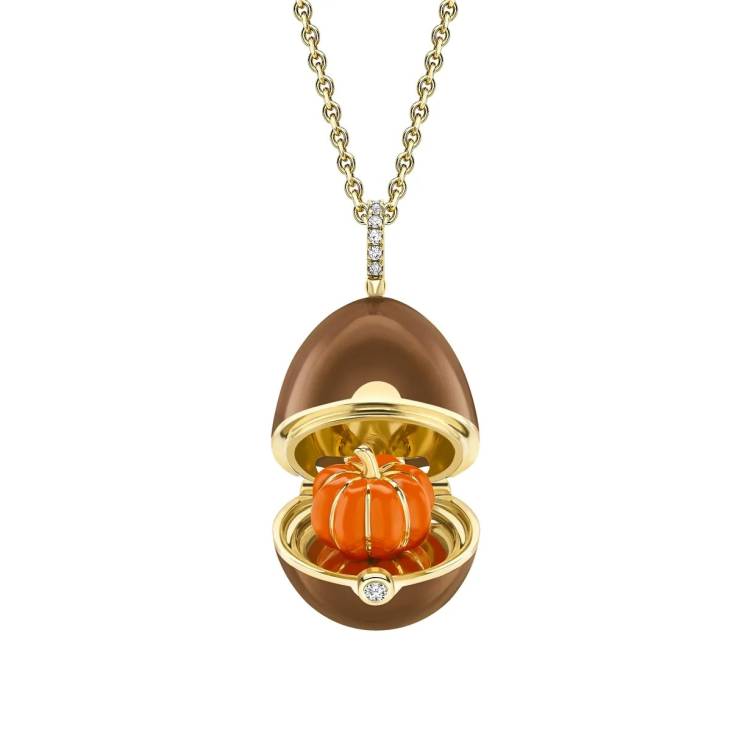 Faberge 18ct Yellow Gold Diamond Brown Lacquer Pumpkin Surprise Locket - Yellow Gold