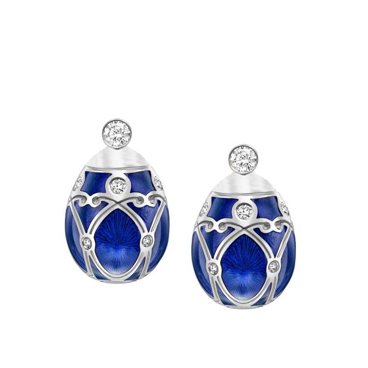 Faberge Heritage White Gold Diamond Royal Blue Guilloche Enamel Stud Earrings