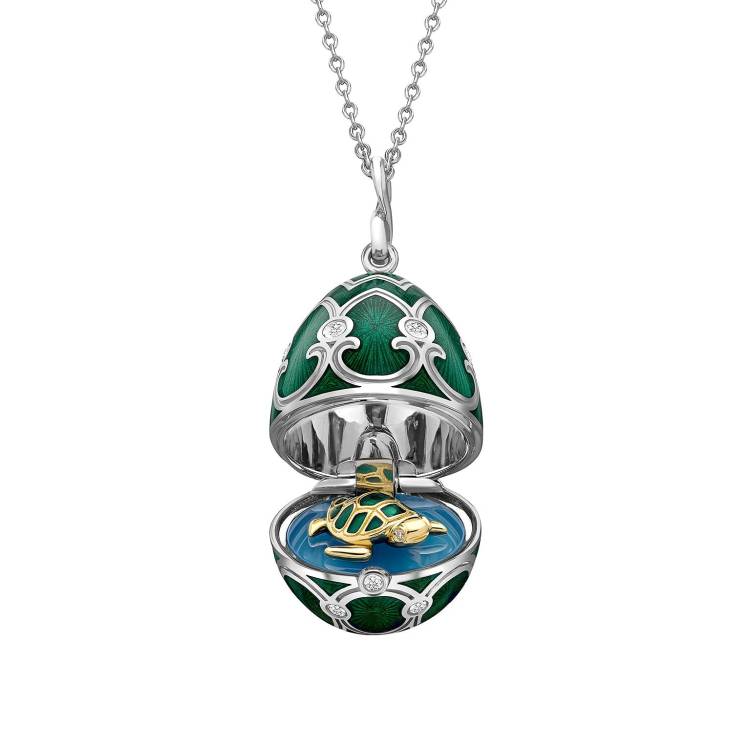 Faberge Heritage White Gold Green Guilloche Enamel Locket with Turtle Surprise