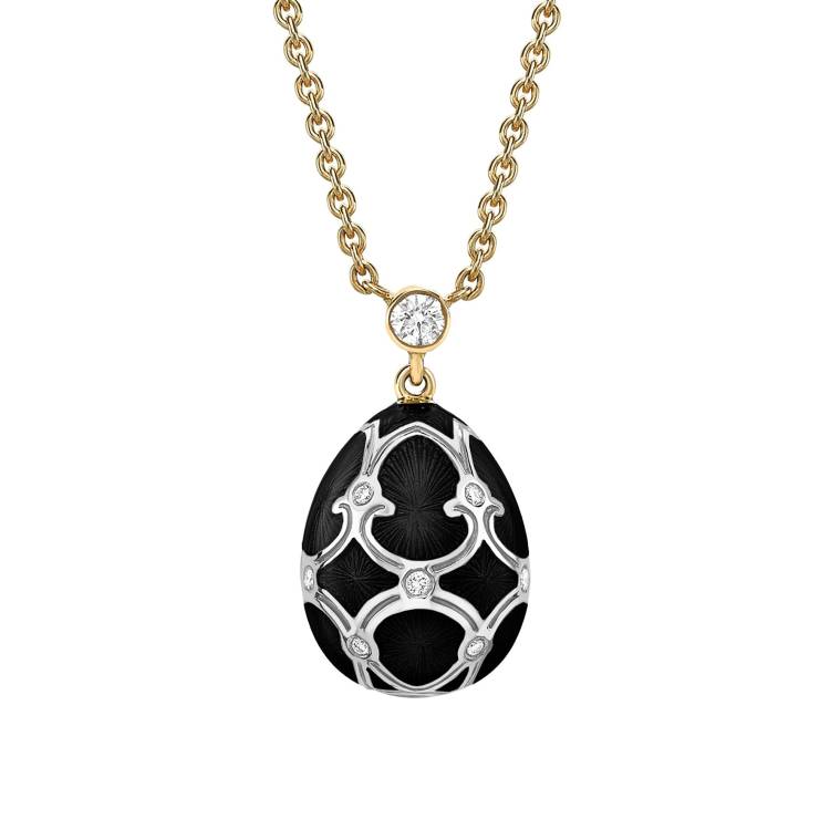 Faberge Heritage Yellow & White Gold Diamond & Black Guilloche Enamel Petite Egg Pendant