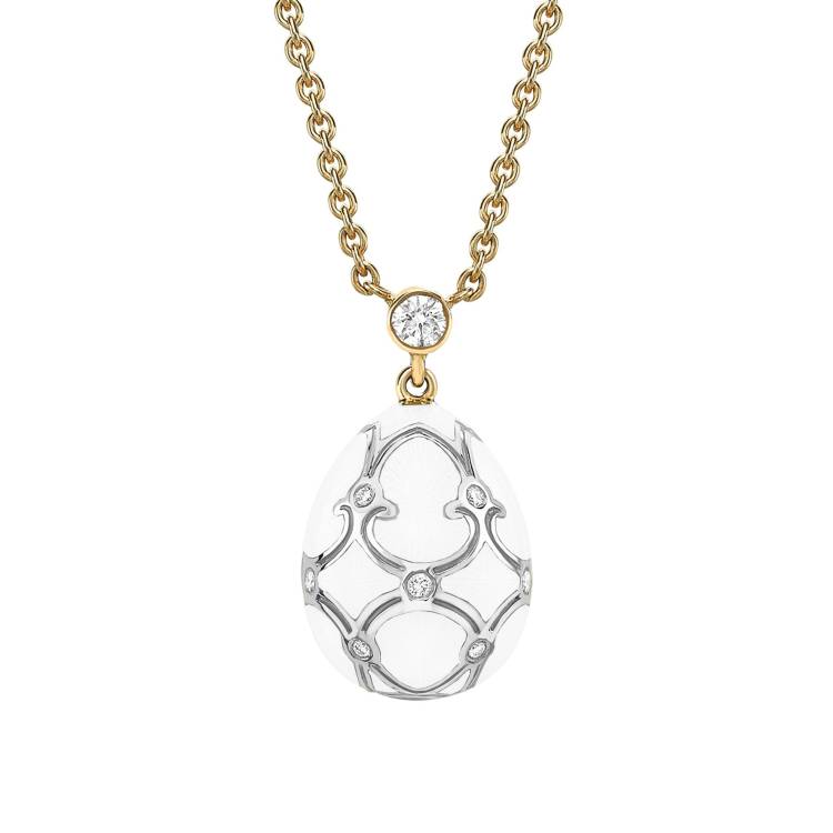 Faberge Heritage Yellow & White Gold Diamond & White Guilloché Enamel Petite Egg Pendant