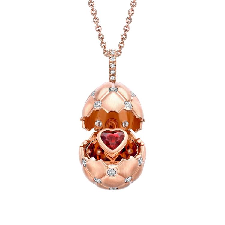 Faberge Treillage 18ct Rose Gold Diamond Ruby Heart Surprise Egg Pendant - Rose Gold
