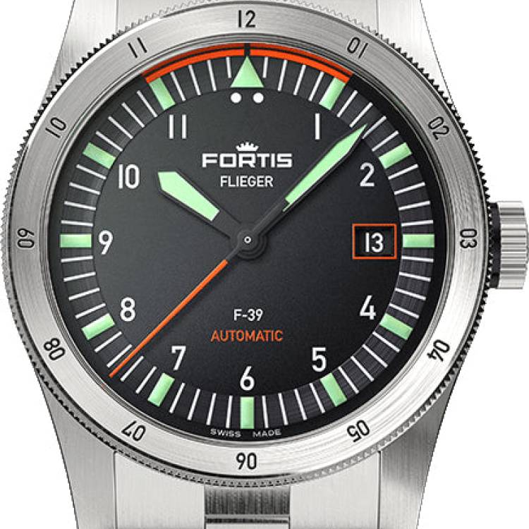 Fortis Watch Flieger F-39 Automatic On Block Bracelet - Black