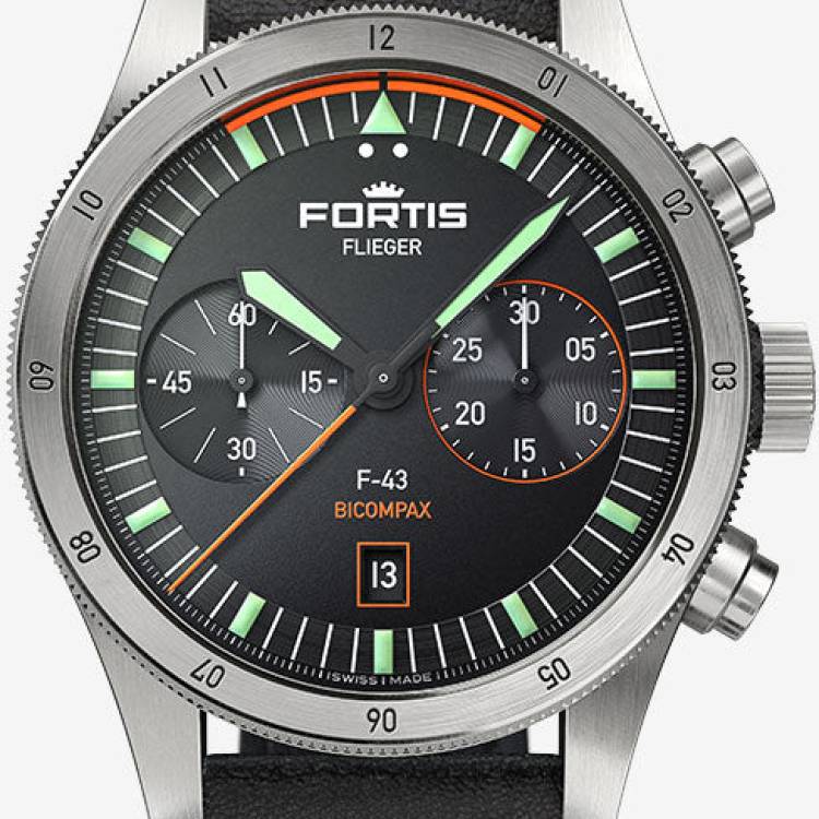 Fortis Watch Flieger F-43 Bicompax On Aviator Strap - Black