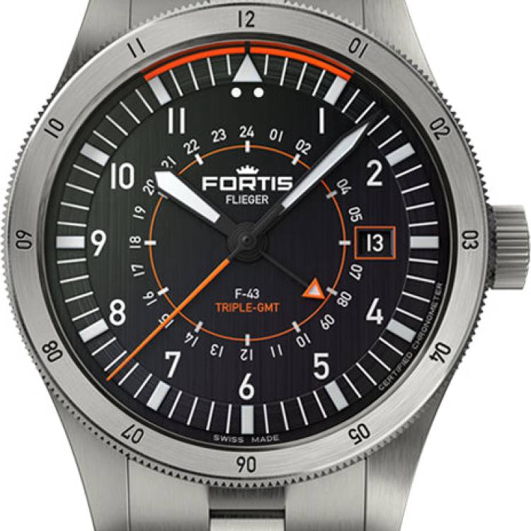 Fortis Watch Flieger F-43 Triple GMT On Block Bracelet - Black