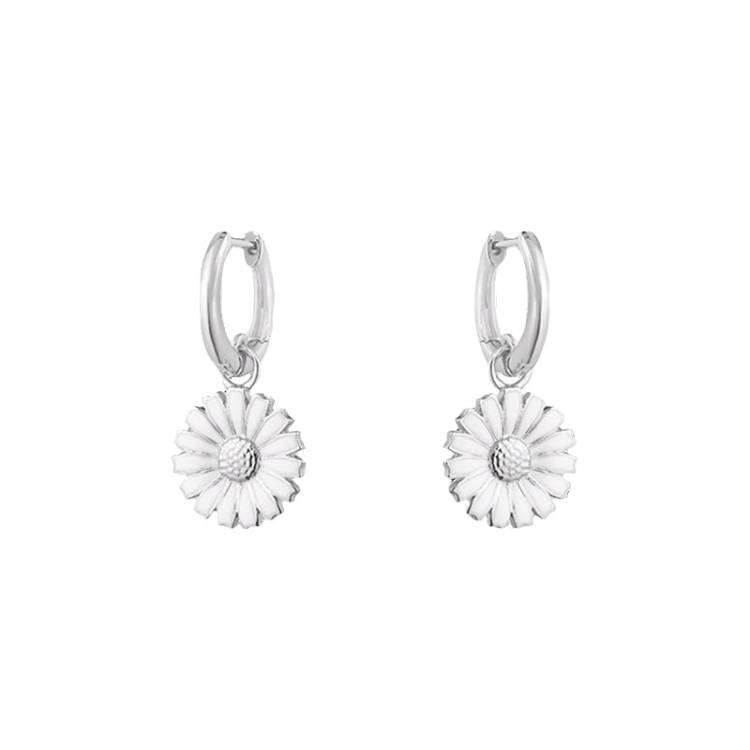 Georg Jensen Daisy Sterling Silver White Enamel Hoop Earrings