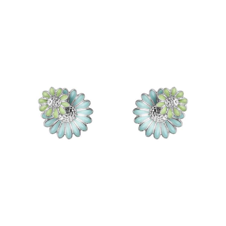 Georg Jensen Stine Goya Daisy Sterling Silver Green and Blue Enamel Stud Earrings - Silver