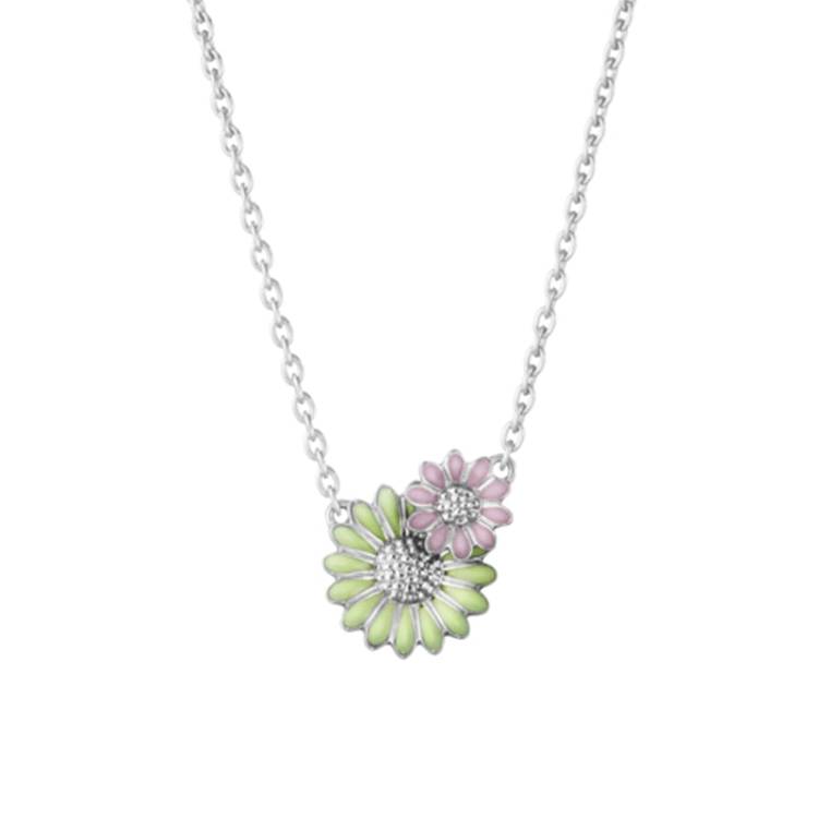 Georg Jensen Stine Goya Daisy Sterling Silver Green and Pink Enamel Pendant - Silver