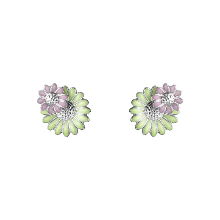 Georg Jensen Stine Goya Daisy Sterling Silver Green and Pink Enamel Stud Earrings - Silver