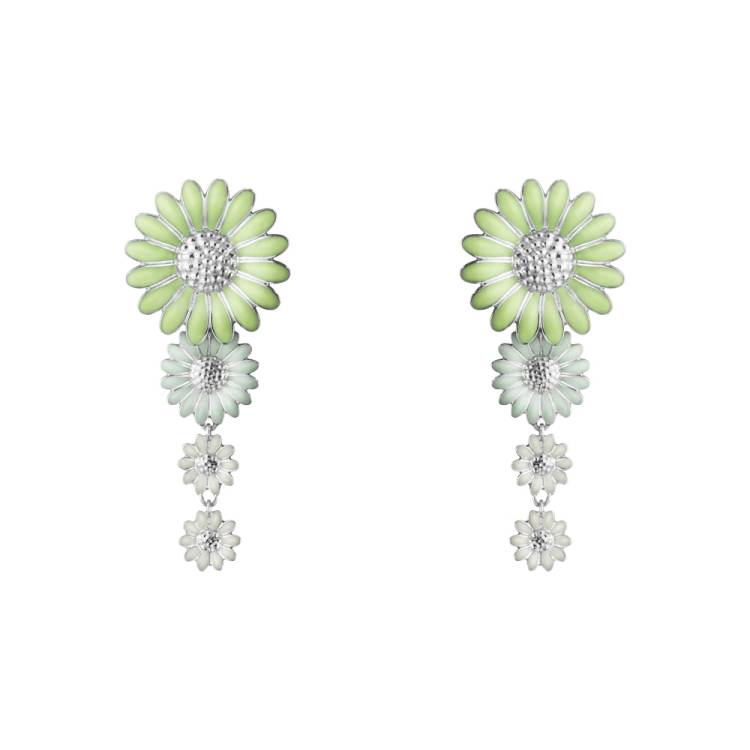 Georg Jensen Stine Goya Daisy Sterling Silver Green and White Enamel Drop Earrings - Silver