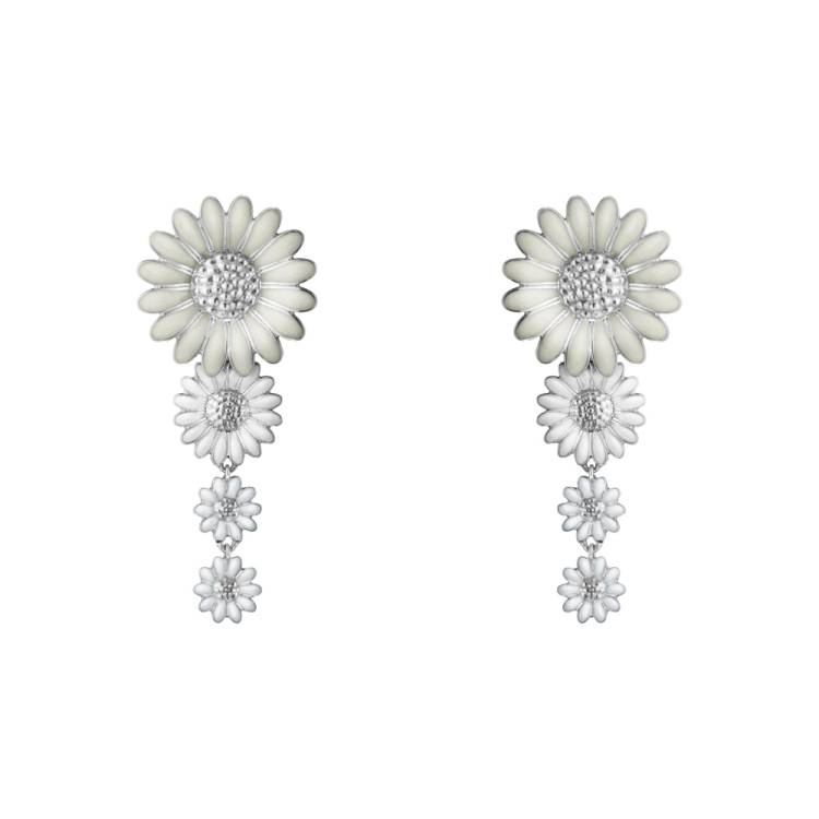 Georg Jensen Stine Goya Daisy Sterling Silver White Enamel Drop Earrings - Silver