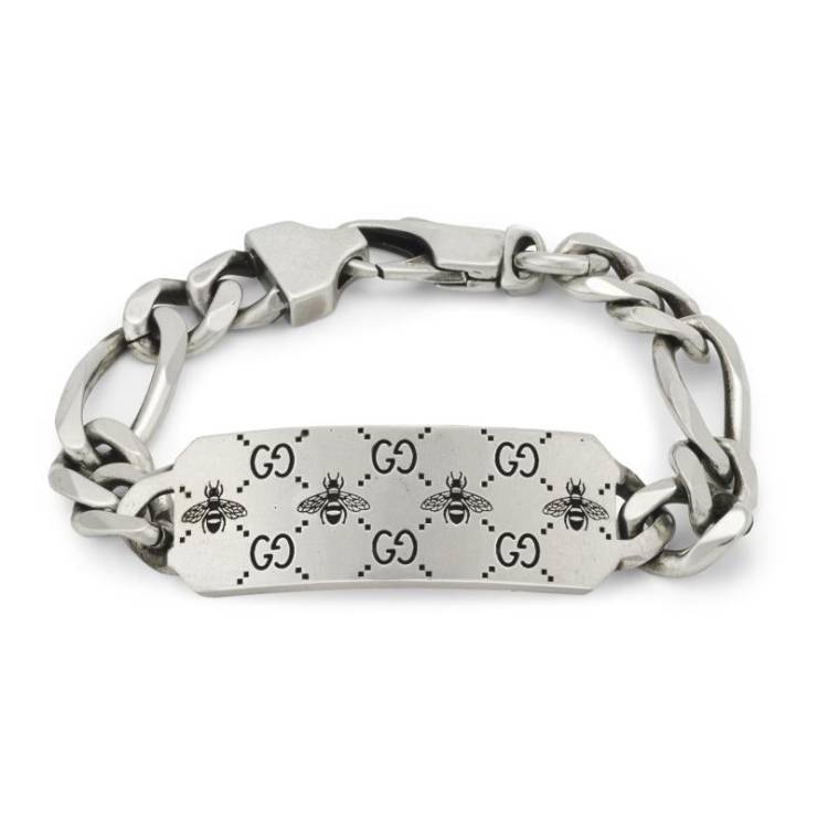 Gucci GG Sterling Silver Engraved Bee Identity Bracelet D - 19cm