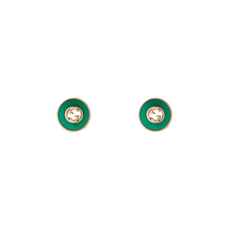 Gucci Interlocking 18ct Rose Gold Green Agate Stud Earrings