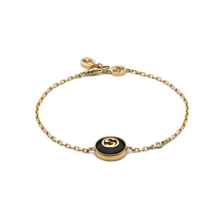 Gucci Interlocking 18ct Yellow Gold Black Onyx Bracelet - 17cm