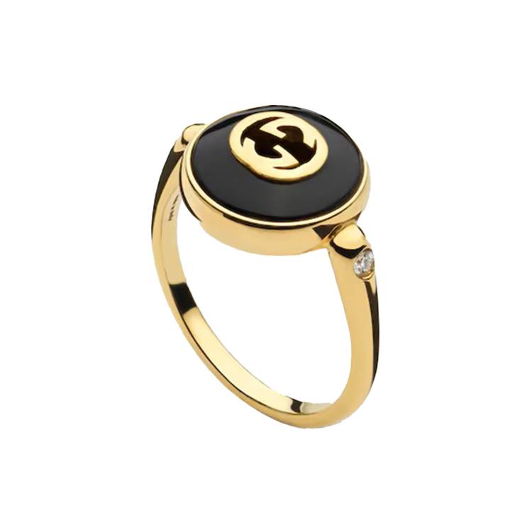 Gucci Interlocking 18ct Yellow Gold Black Onyx Ring - Q.5