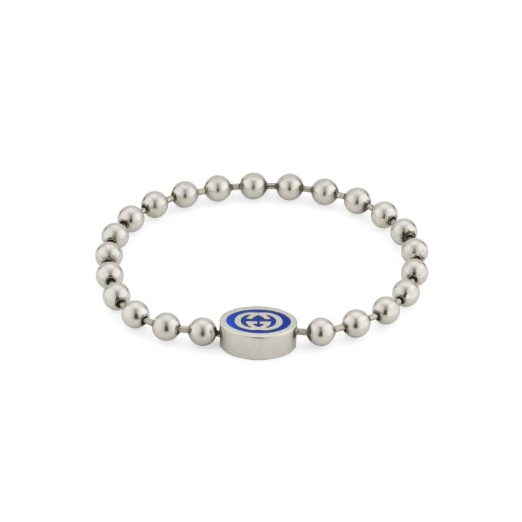Gucci Interlocking G Boule Chain Sterling Silver Blue Enamel Bracelet - 18cm