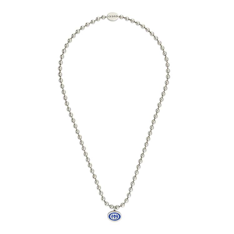 Gucci Interlocking G Boule Chain Sterling Silver Blue Enamel Necklace
