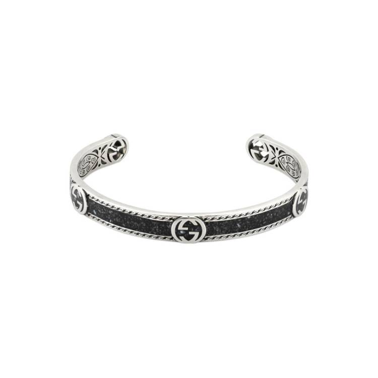 Gucci Interlocking Sterling Silver Black Enamel Cuff Bracelet D - 16cm