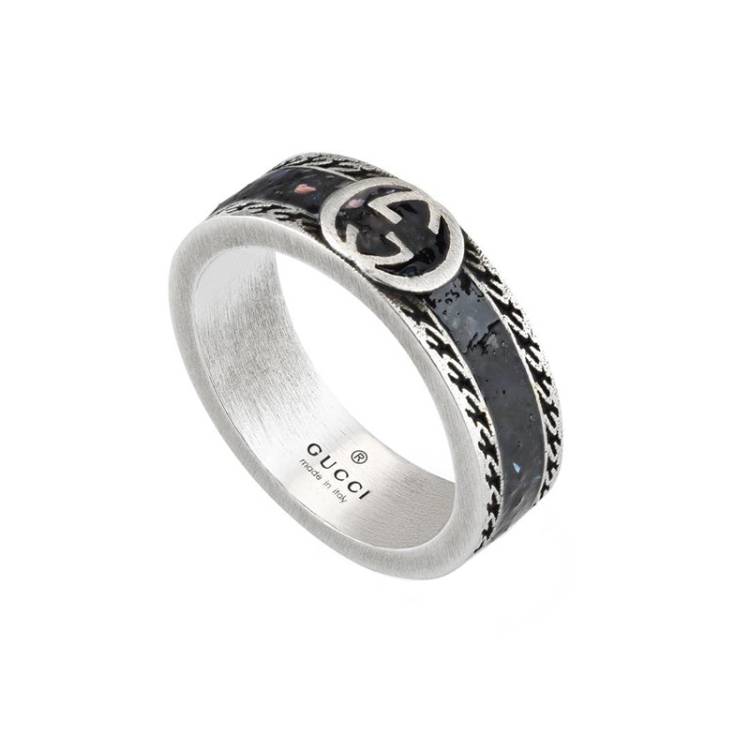 Gucci Interlocking Sterling Silver Black Enamel Band Ring - P