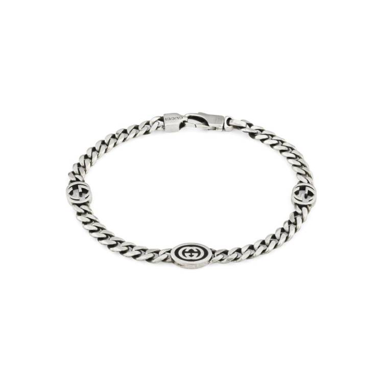 Gucci Interlocking Sterling Silver Black Enamel Chain Bracelet - 17cm