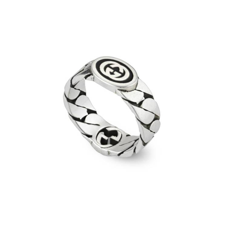 Gucci Interlocking Sterling Silver Black Enamel Wide Band Ring - W