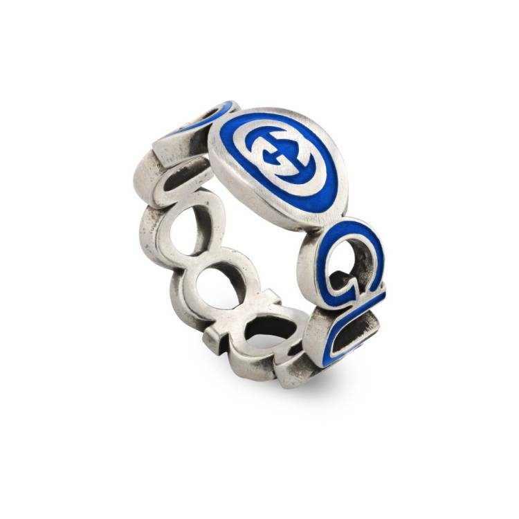 Gucci Interlocking Sterling Silver Blue Enamel Ring D - X