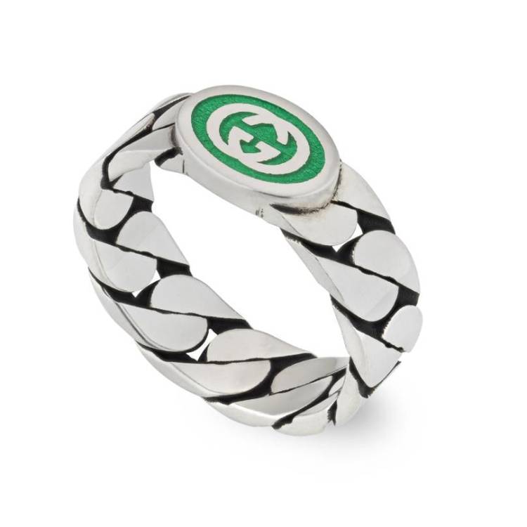 Gucci Interlocking Sterling Silver Green Enamel Band Ring - K.5