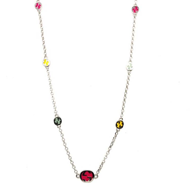 Gucci Interlocking Sterling Silver Multicoloured Enamel Necklace D - Silver