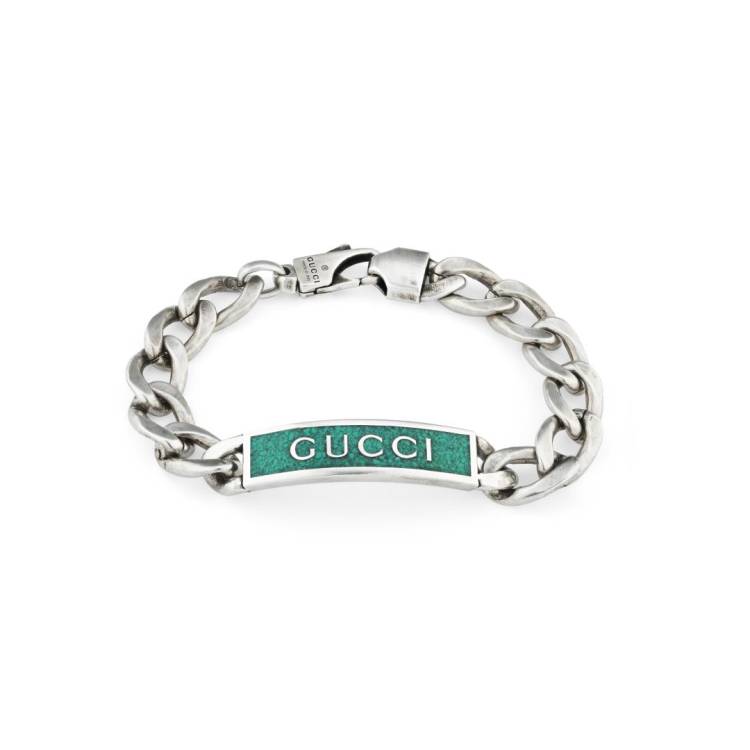 Gucci Logo Sterling Silver Turquoise Enamel Chain Bracelet D - 19cm