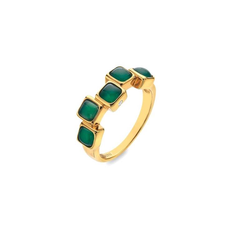 Hot Diamonds Gold Plated Sterling Silver Green Agate Square Stepped Ring - Extra Small (L)
