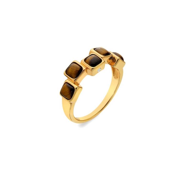 Hot Diamonds Gold Plated Sterling Silver Tigers Eye Square Stepped Ring - Extra Large (P)