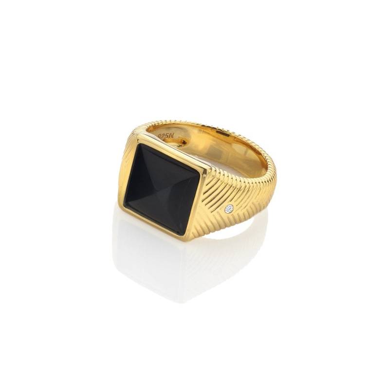 Hot Diamonds x Jac Jossa Gold Plated Sterling Silver Black Onyx Signet Ring - Large (O)
