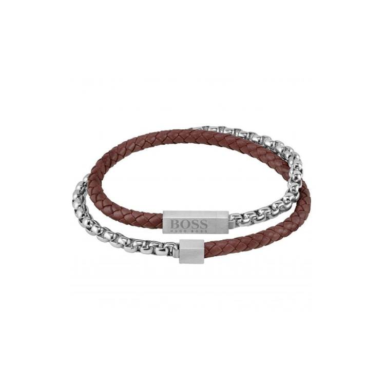 Boss Jewellery Brown Leather Stainless Steel Chain Bracelet - Brown