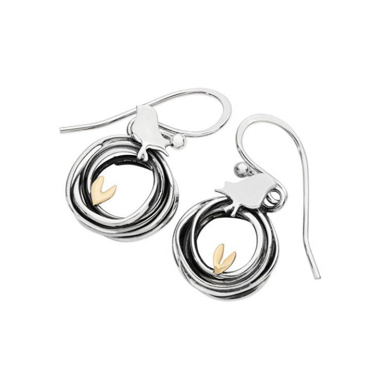 Linda Macdonald Three Little Birds Sterling Silver 9ct Gold Drop Earrings