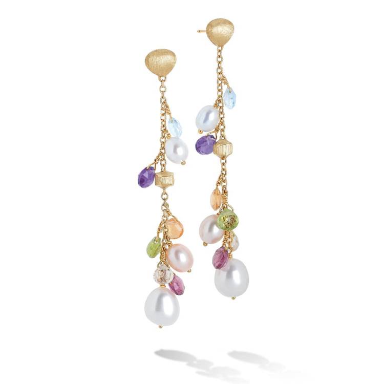 Marco Bicego Paradise 18ct Yellow Gold Pearl and Multicolour Gemstone Long Drop Earrings